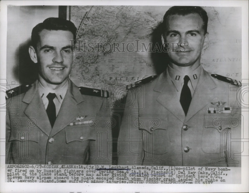 Load image into Gallery viewer, 1955 Press Photo Pilots of American Bomber which was fired by Russian Fighters
