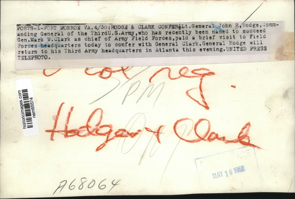 1952 Press Photo General John Hodge succeeds General Mark Clark as Army head