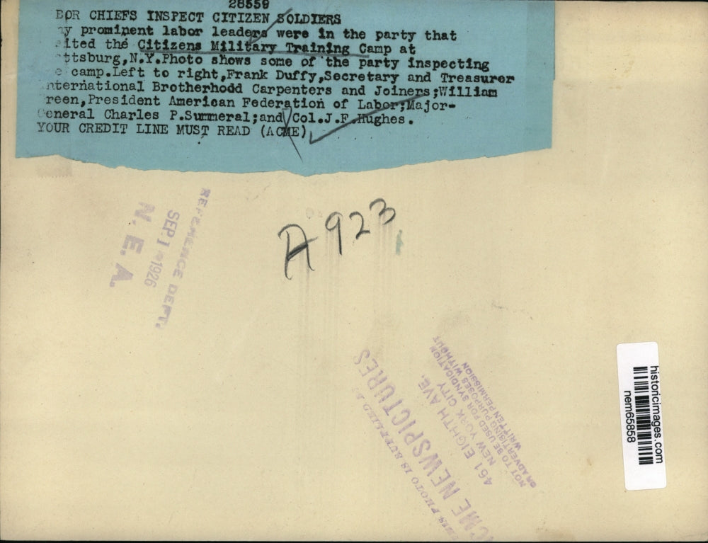 1926 Press Photo Labor leaders shown inspecting Citizens Military Training Camp