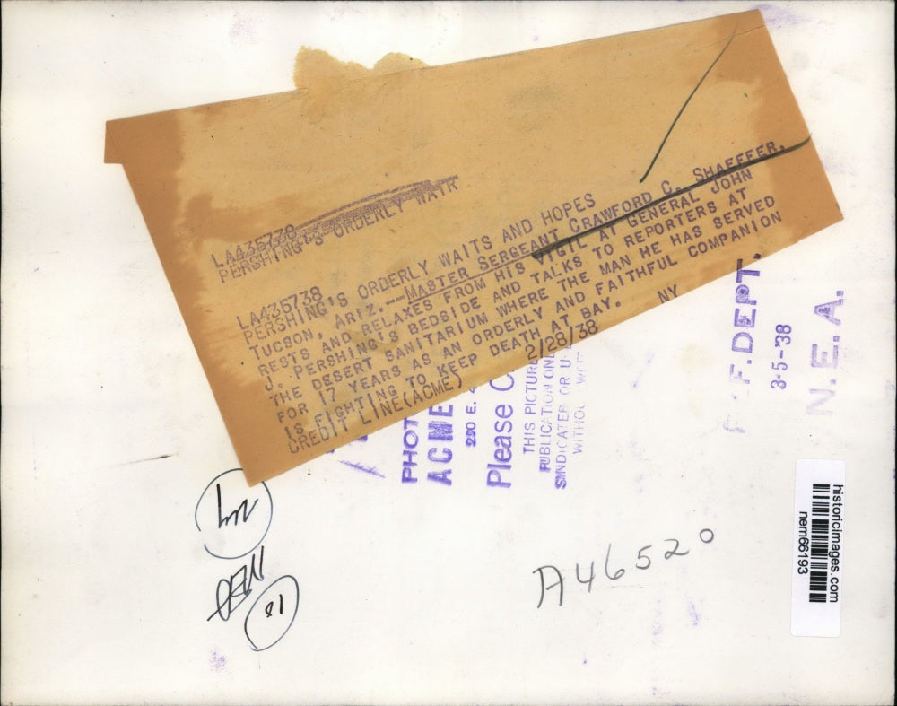 1938 Press Photo Crawford Shaffer at vigil in General John Pershing's bedside