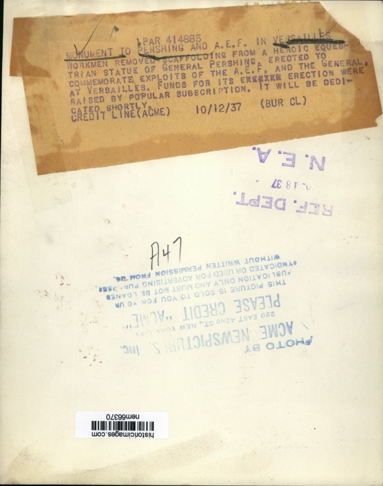 1937 Press Photo Construction of Monument of General Pershing at Versailles