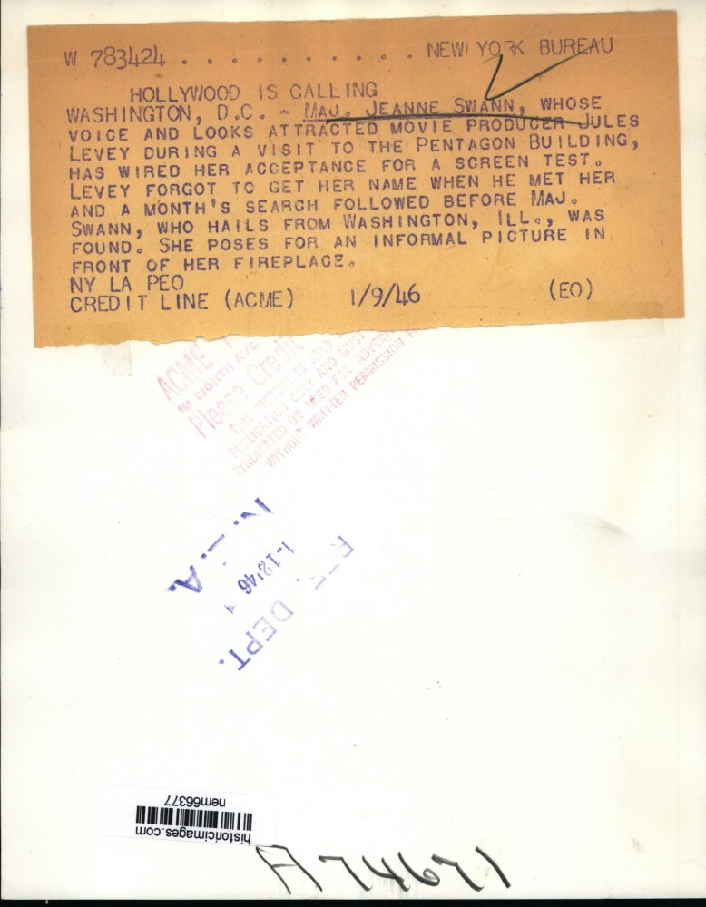 1946 Press Photo WAC Maj. Jeanne Swann posed for Screen Test - nem66377