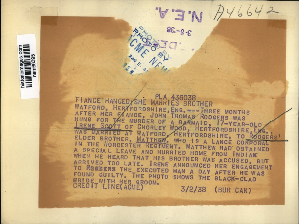 1938 Press Photo Irene Scott married Matthew Rodgers after 1st fiance hung