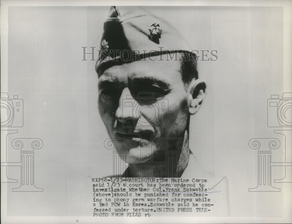 1954 Press Photo Col. Frank Schwable being investigated for confessing to Korea