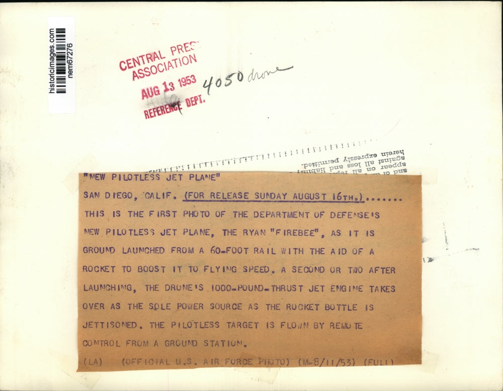 1953 Press Photo Ryan "Firebee" pilotless jet plane launched from its rail