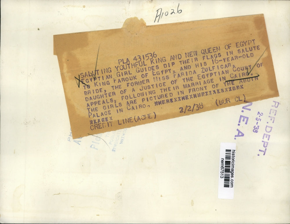 1938 Press Photo Egyptian Girl Guides salute King Farouk & bride F Zulficar