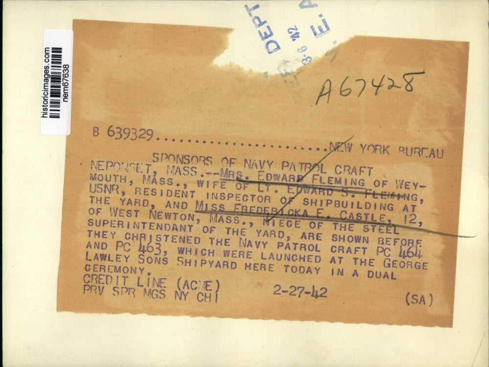 1942 Press Photo Mrs. Edward Fleming and Fredericka E.Castle Sponsor Navy Patrol