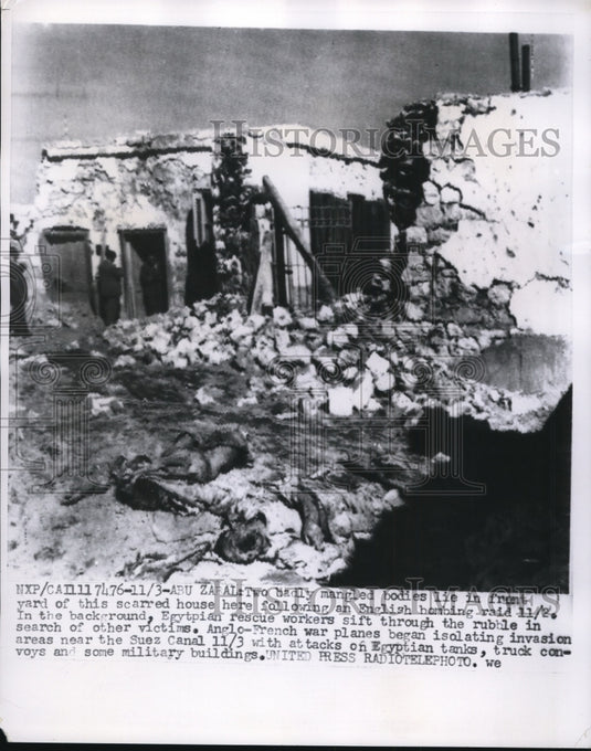 1956 Press Photo Wrecked house and dead bodies after the English Bombing Raids
