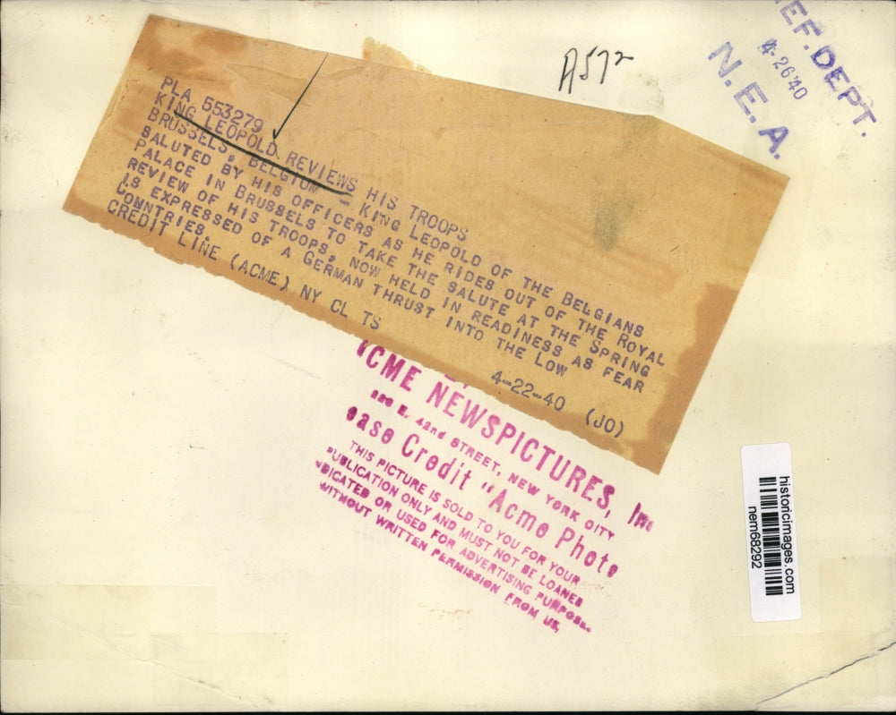 1940 Press Photo King Leopold of the Belgians reviews his troops in Brussels