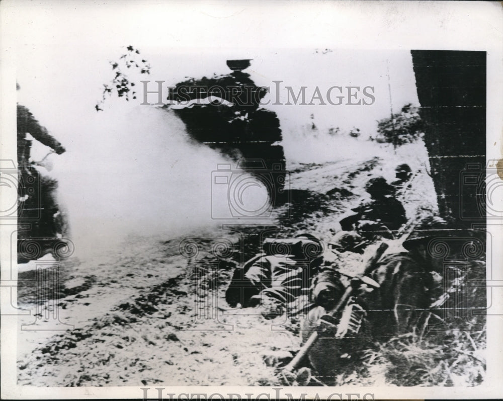 1944 Press Photo A Sherman Tank passes British Infantry holding positions