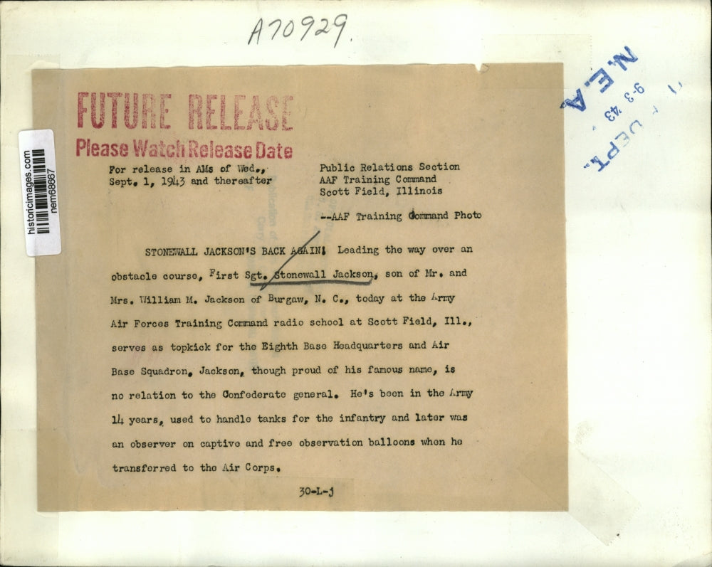 1943 Press Photo Stonewall Jackson, top pick for Eighth Base Headquarters