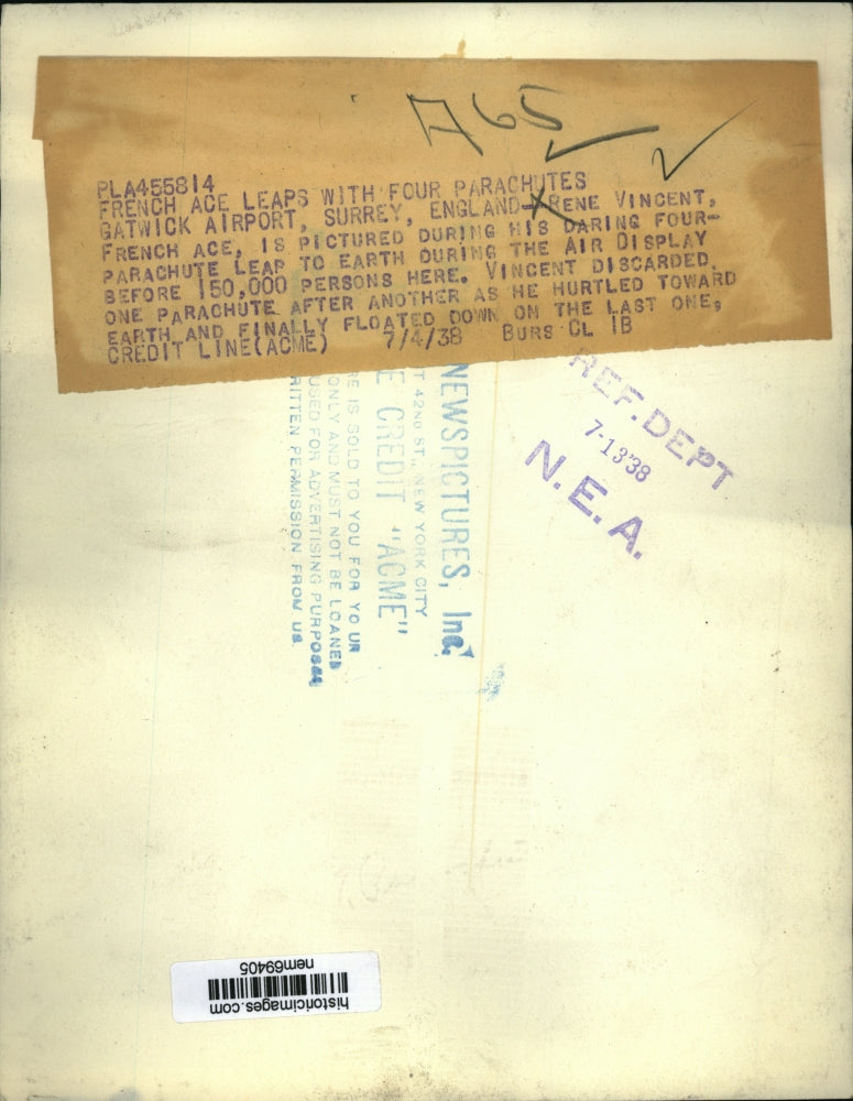 1938 Press Photo Rene Vincent On His Daring Four Parachute Leap To Earth