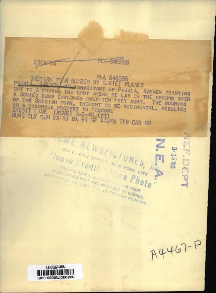 1940 Press Photo Pajaja Sweden bombed by Soviet Plane