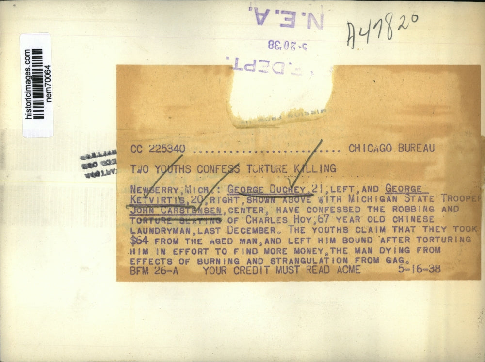 1938 Press Photo Trooper John Carstensen held confessed killers of Charles Hoy