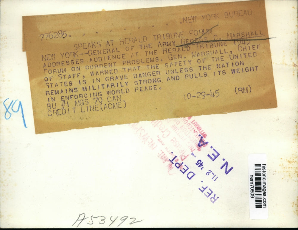 1945 Press Photo General of the Army George C. Marshall speaks at Herald Forum