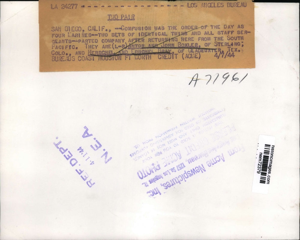 1944 Press Photo Marines Antos & John Boxler, Herschel & Erschel Bray