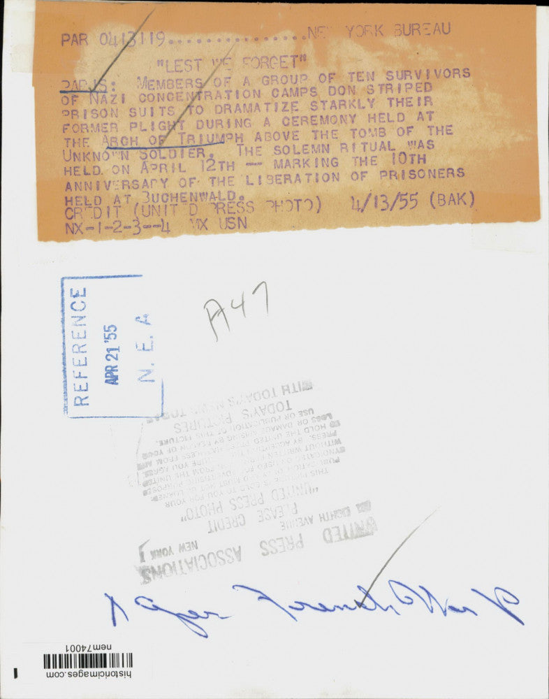 1955 Press Photo Survivors of concentration camps gather for ceremony in Paris