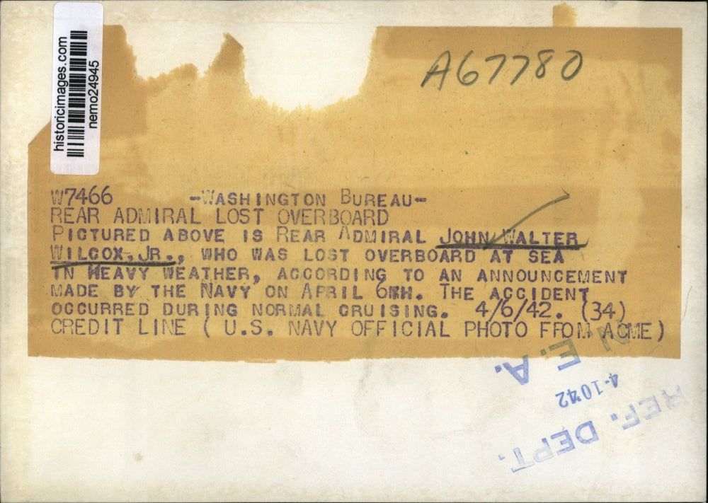 1942 Press Photo Rear Admiral John Walter Wilcox, Jr., lost overboard at sea