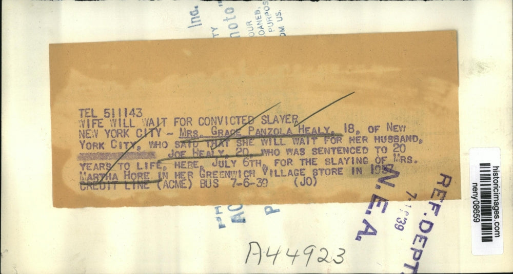 1939 Press Photo New York Mrs Grace Panzola Healy Husband Joe in Prison NYC