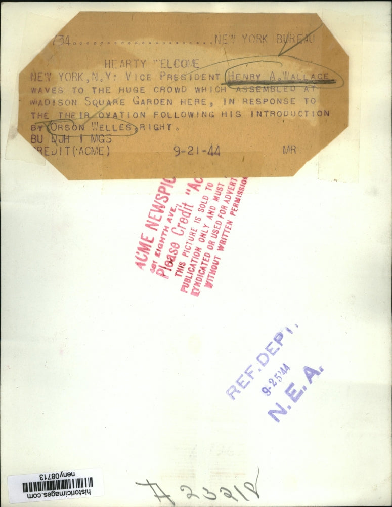 1944 Press Photo New York Vice President Henry A Wallace in NYC - neny08713