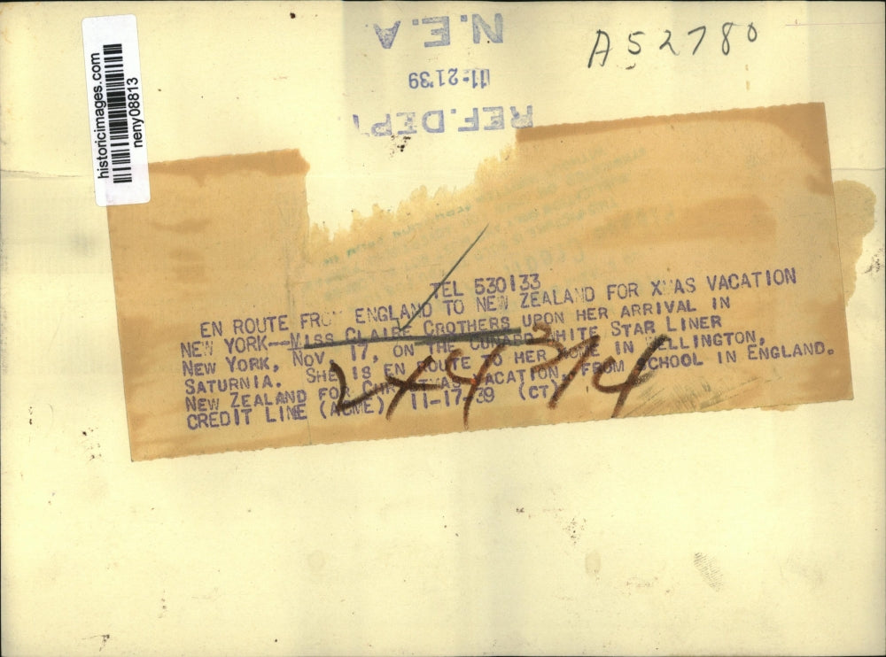 1939 Press Photo New York Claire Crothers enroute to New Zealand via NYC