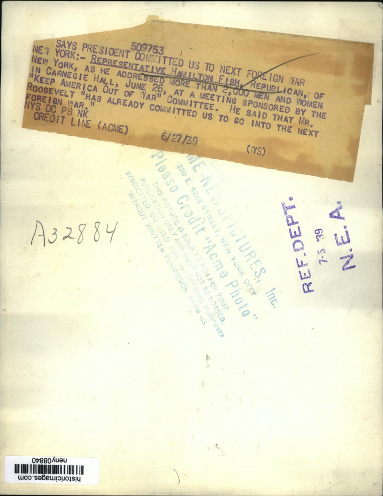 1939 Press Photo New York Rep Hamilton Fish of New York at Carniegie Hall NYC