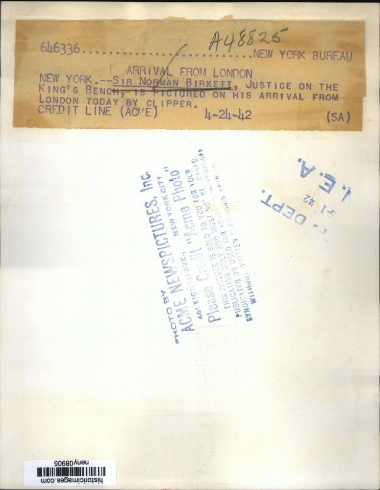 1942 Press Photo New York Sir Norman Birkett Justice on King's Bench NYC