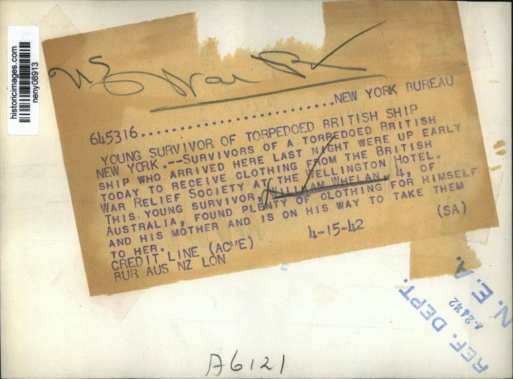 1942 Press Photo New York William Whelan Survivor of Torpedoed Ship NYC