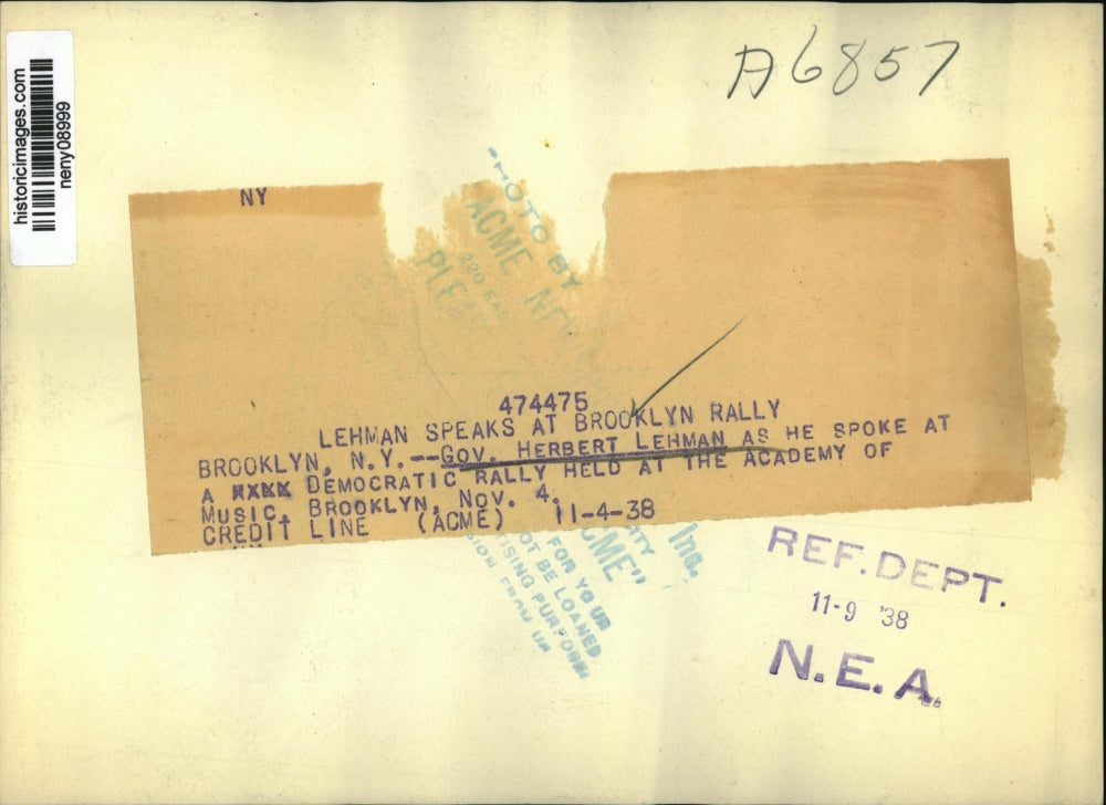 1938 Press Photo New York Governor Herbert Lehman at Democratic Rally NYC