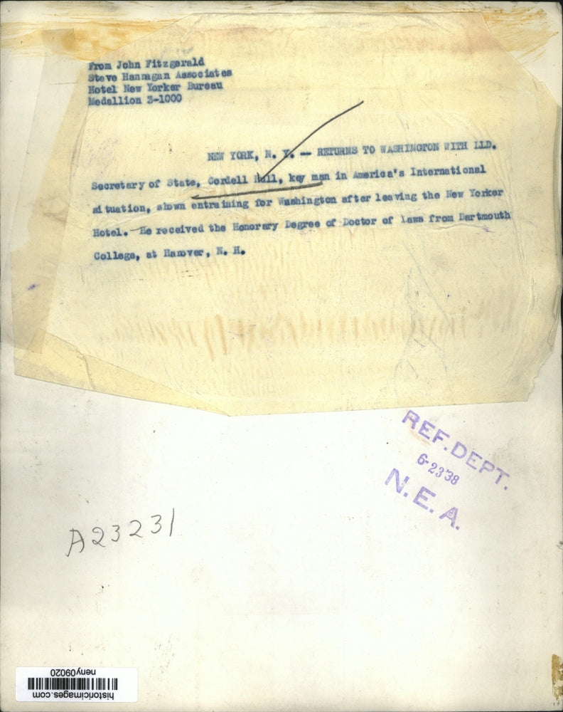 1938 Press Photo New York Secretary of State Cordell Hull Leaves Hotel NYC