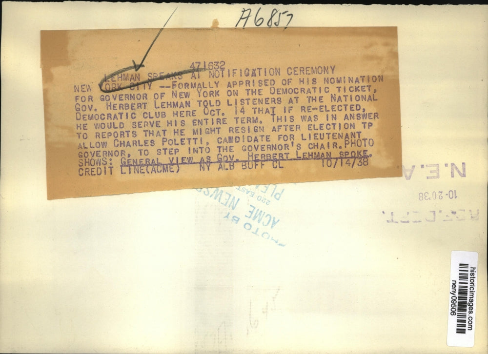 1938 Press Photo New York Gov. Herbert Lehman at Natl Democratic Club NYC