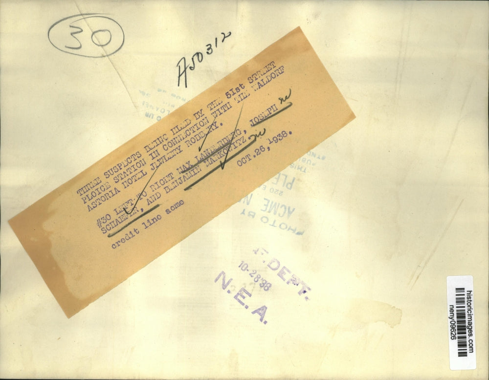 1938 Press Photo New York Max Landerberg, Joseph Schaefer held on Robbery NYC