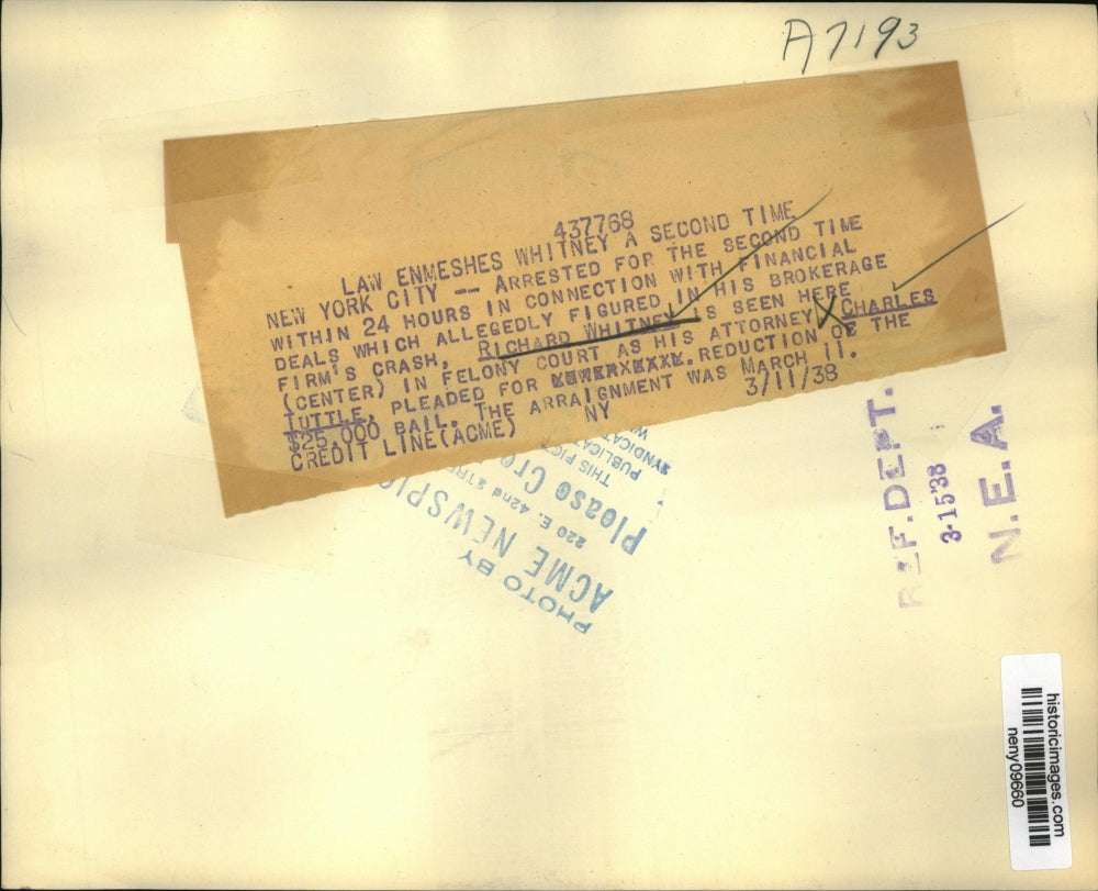 1938 Press Photo New York Richard Whitney Arrested 2nd Time in Finance Deal NYC