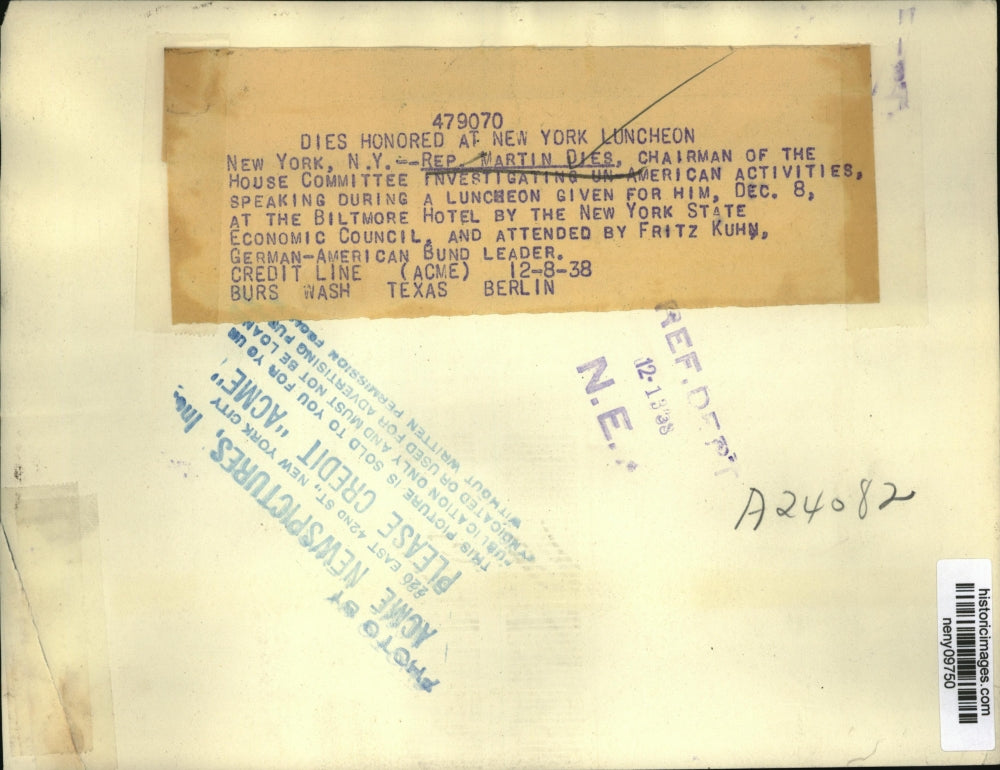 1938 Press Photo New York Rep.Martin Dies honored at New York Lunceheon NYC