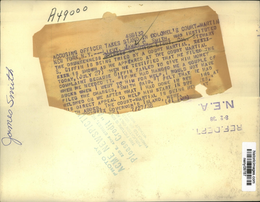 1938 Press Photo New York Lt James Smith Testifies at Stewart Giffins Trial NYC