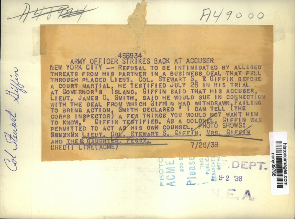 1938 Press Photo New York Lt Col Stewart S Giffin Strikes Back at Accuser NYC