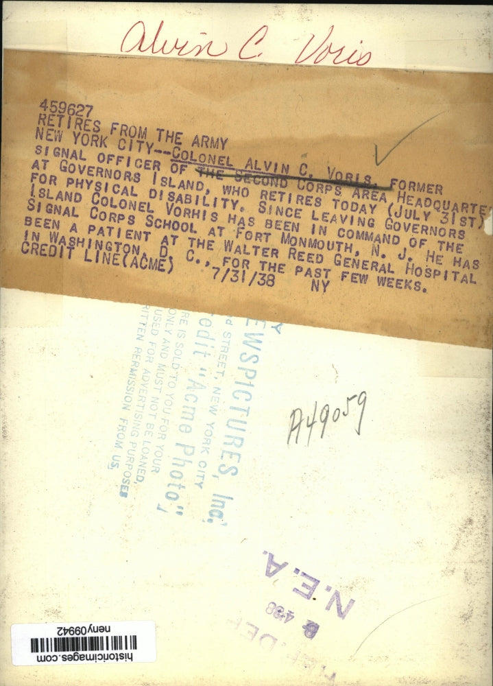 1938 Press Photo New York Colonel Alvin Voris Retires from US Military NYC