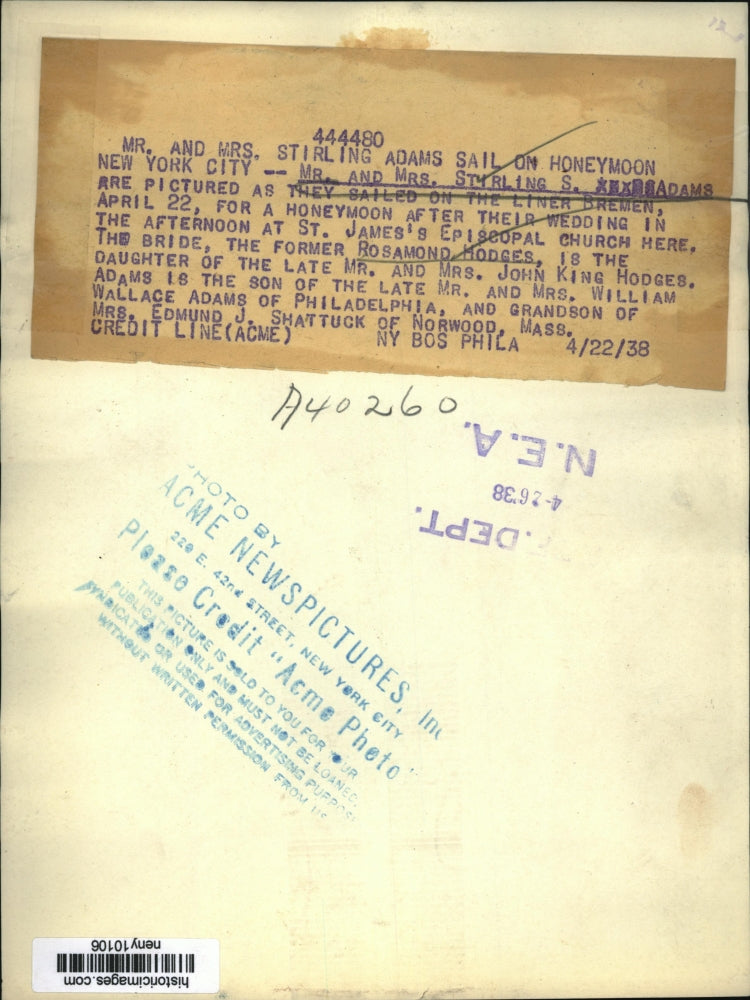1938 Press Photo New York Mr & Mrs Stirling S Adams wed in NYC - neny10106