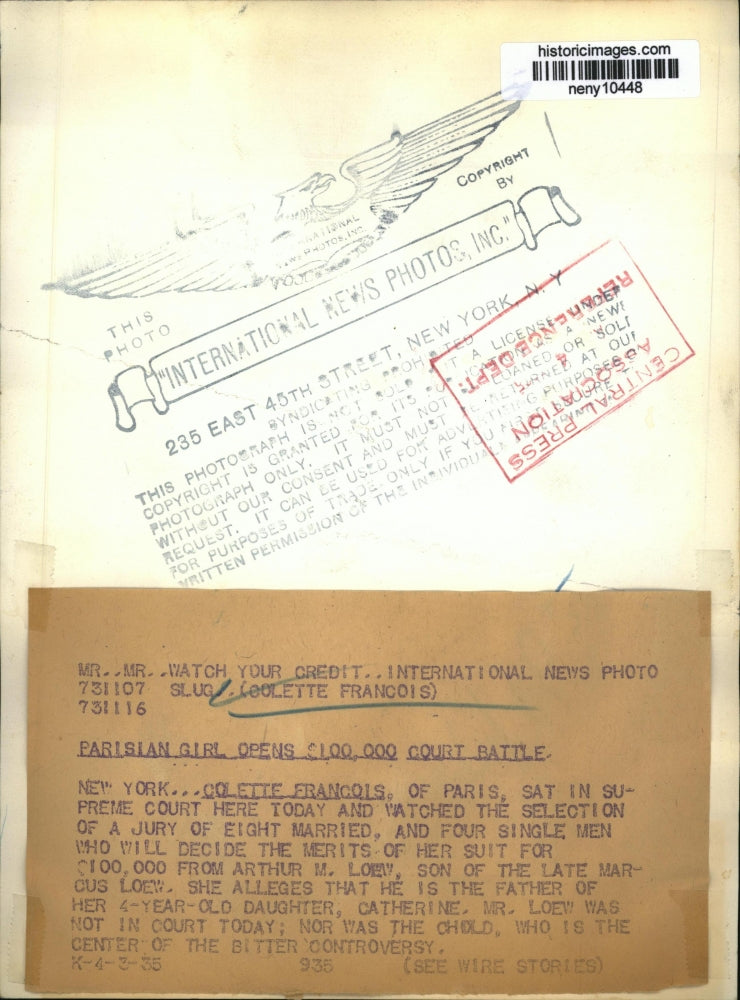 1935 Press Photo New York Colette Francois at $100,000 cout=rt battle in NYC