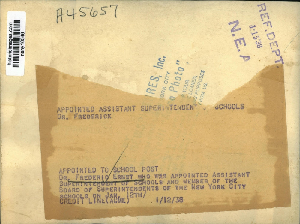 1938 Press Photo New York Dr. Frederic Ernst Asst. Superintended of schools NYC