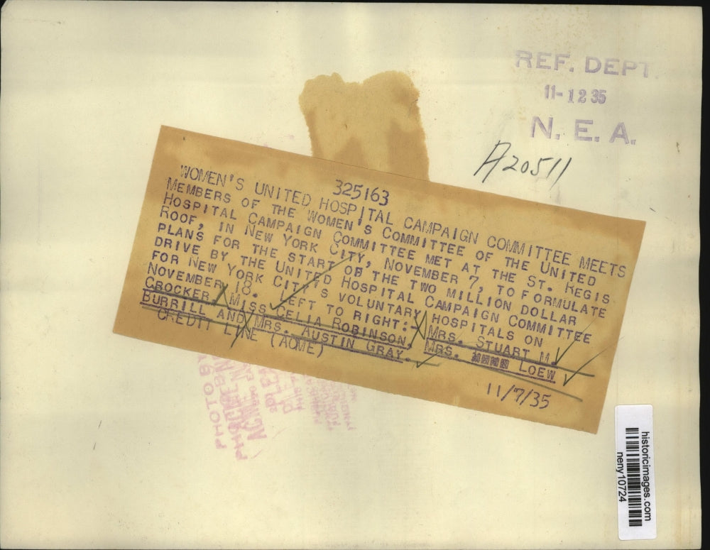 1935 Press Photo New York Women's United Hospital Campaign Committee Meet NYC