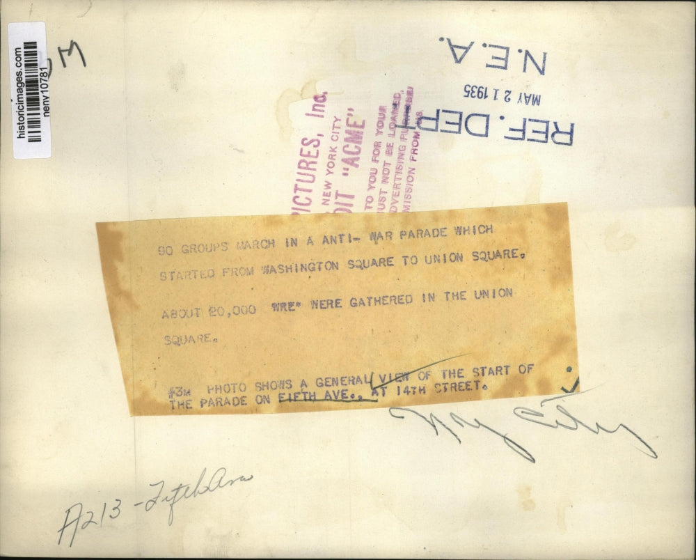 1935 Press Photo New York Anti War Parade to Union Square NYC - neny10781