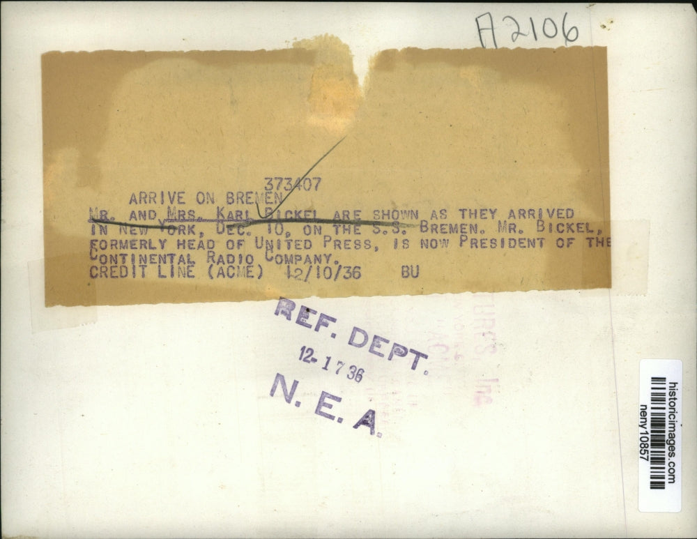 1936 Press Photo New York Arrive on Bremen NYC - neny10857