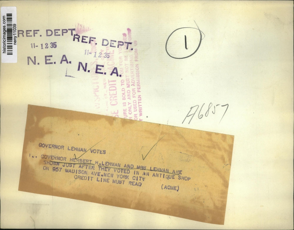 1935 Press Photo New York Givernor Herbert Lehman and wife at voting NYC