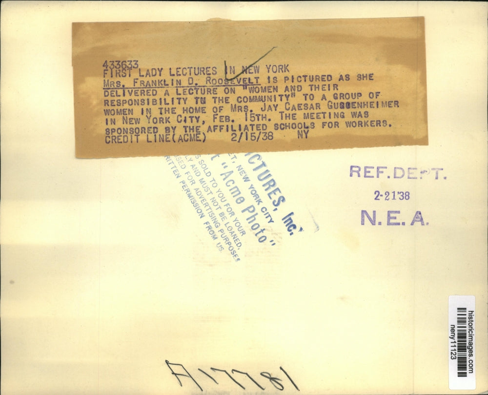 1938 Press Photo New York First Lady Mrs. Franklin D. Roosevelt Lectures in NYC
