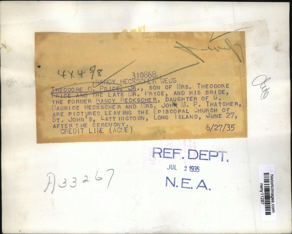 1935 Press Photo New York Theodore Price Jr & bride Nancy Heckscher in NYC