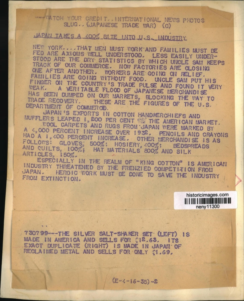 1935 Press Photo New York Japan takes a 400% bite into U.S. Industry NYC