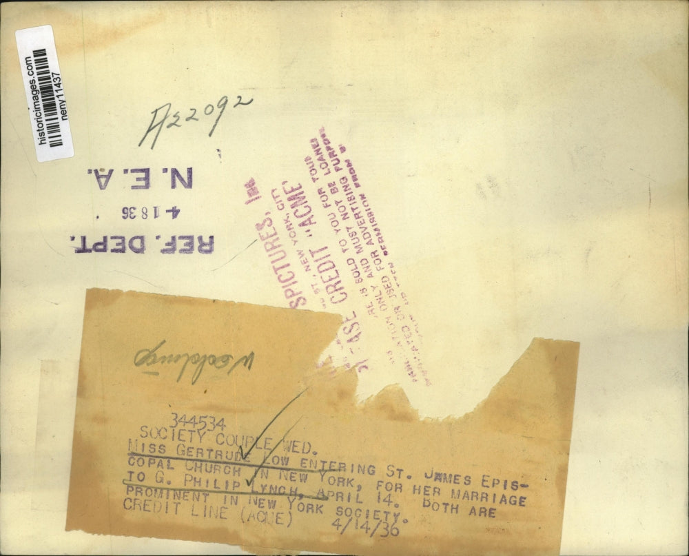 1936 Press Photo New York Gertrude Low Marries G Philip Lynch at St James NYC