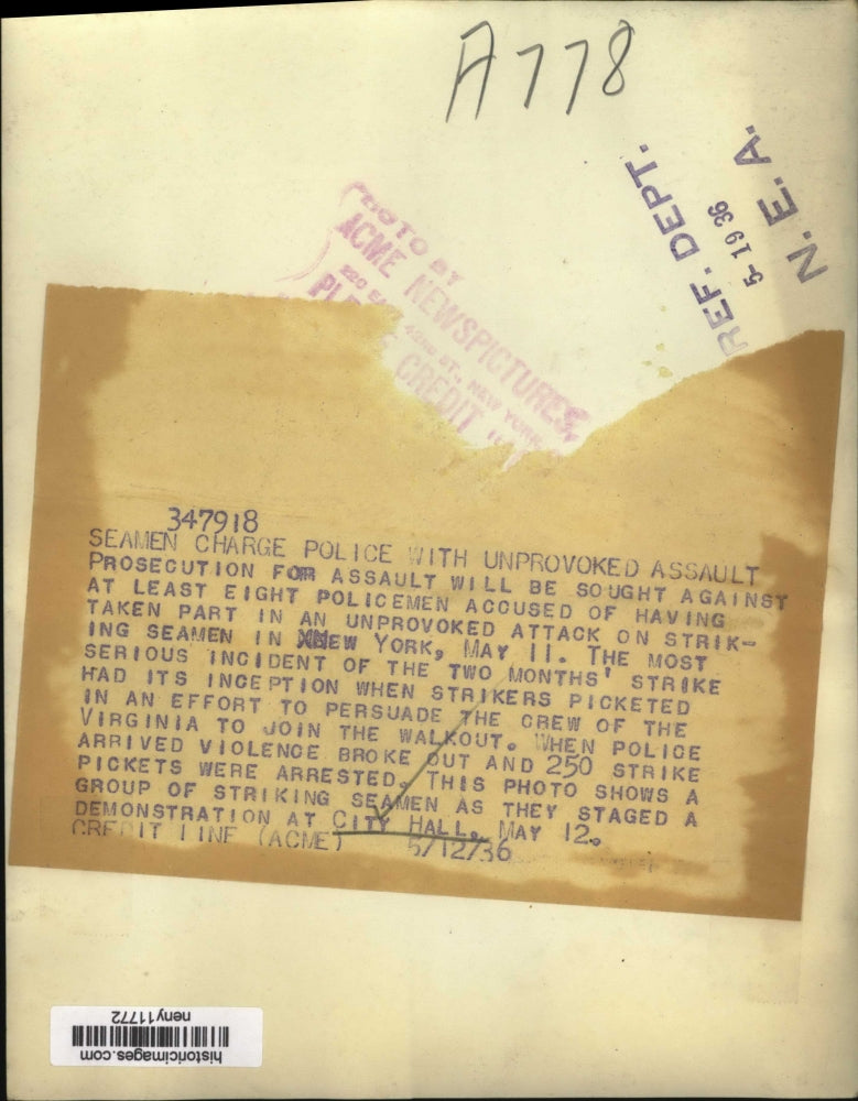 1936 Press Photo New York Seamen Demonstrate against Police City Hall NYC