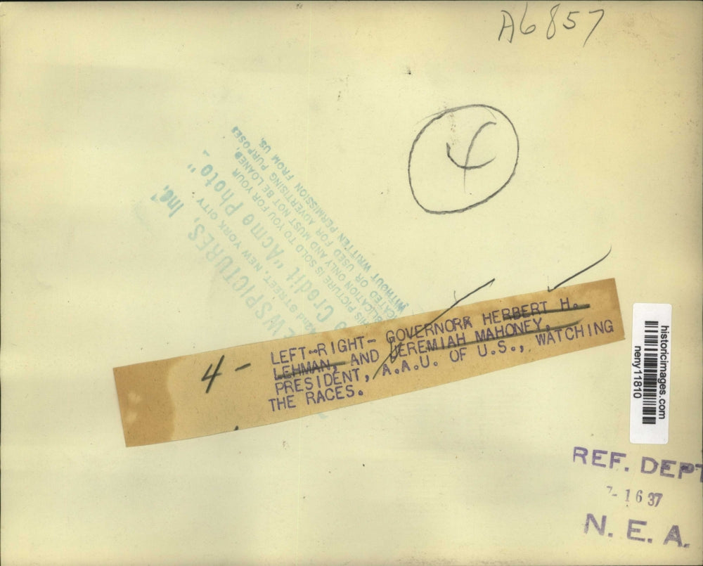 1937 Press Photo Gov. Herbert H. Lehman & Jeremiah Mahoney watch races